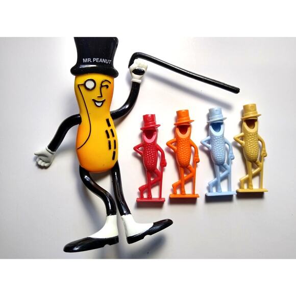 Mr. Peanut Planters Lot Of 5 Items Bendy Figure Red Orange Blue Tan Whistles - Picture 2 of 10